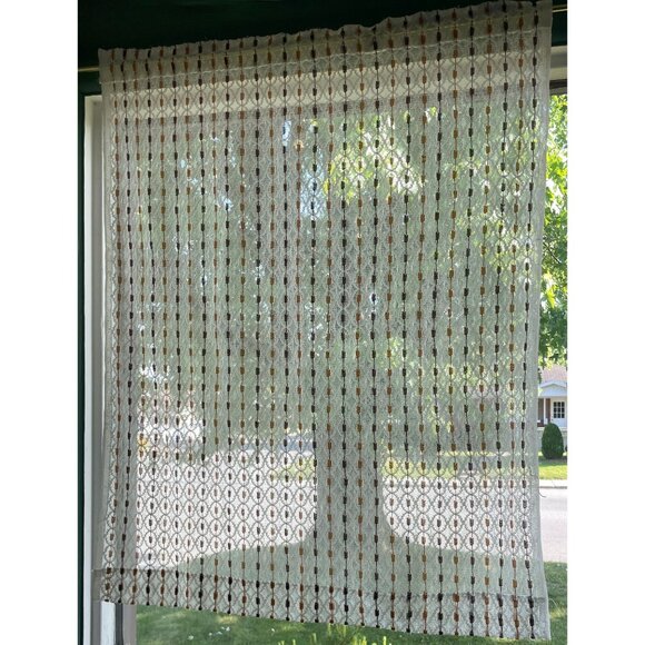 Vintage 70s curtain, white brown stripes, net woven mesh, rod head panel, for 1 - Picture 4 of 10